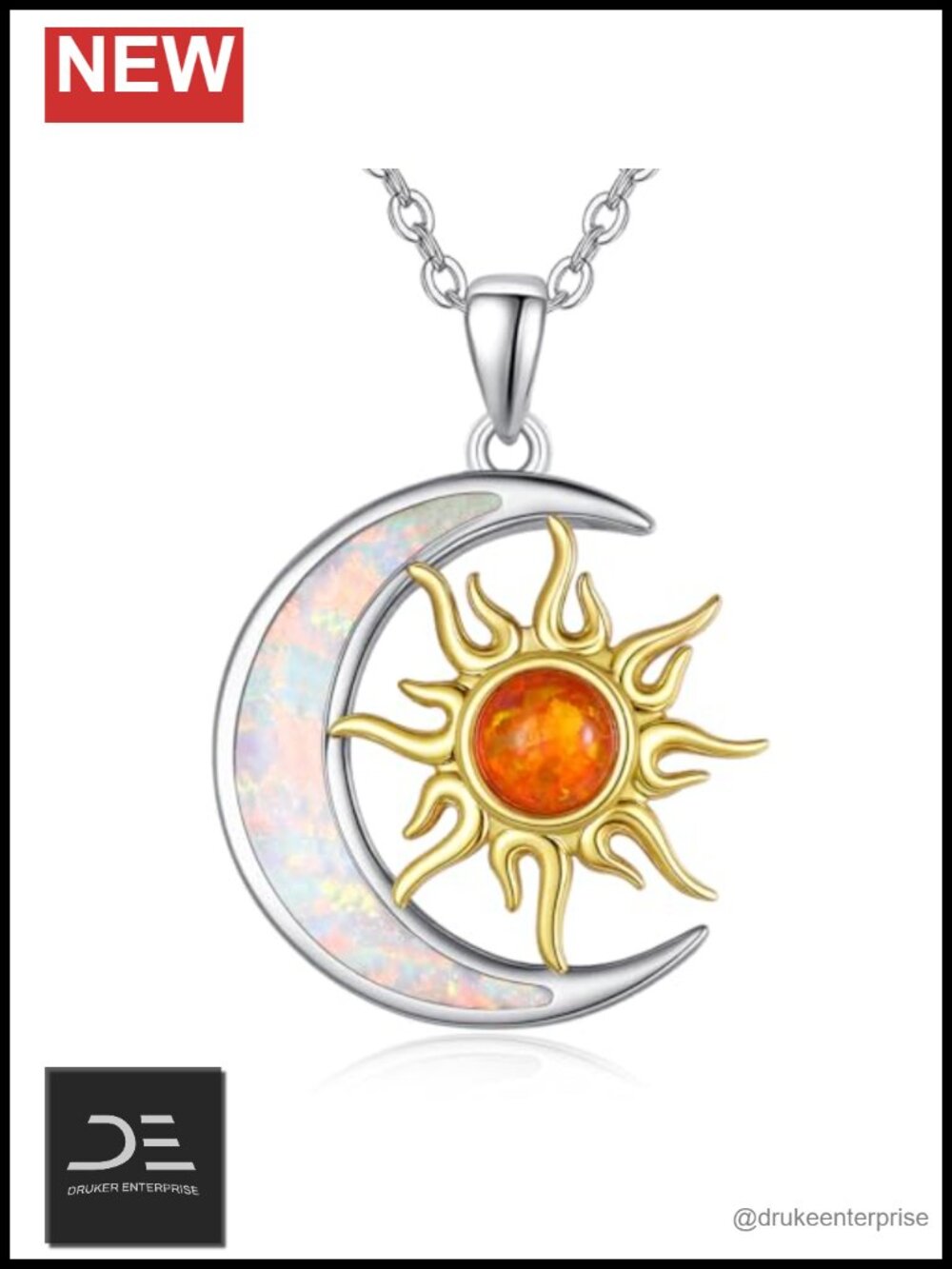 925 Sterling Silver Sun and Moon Pendant Necklace Women Opal